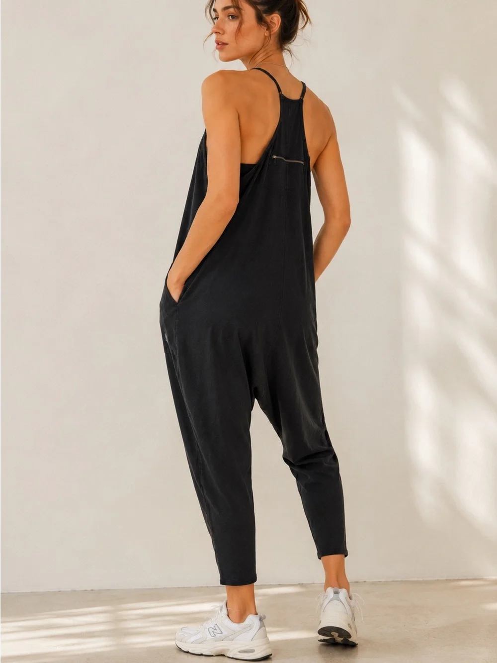 Free People Movement Jumpsuit Romper Black XS Harem Pockets Stretch NWT
